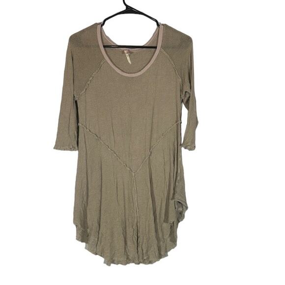 Free People Intimately Olive Gauze Distressed Scoop Neck Shirt Women Sz L - Picture 1 of 9